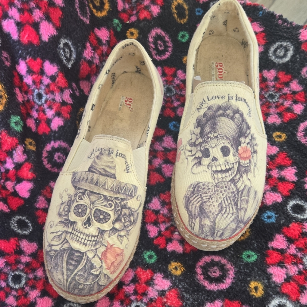 Goby Sugar Skull Day of the Dead Canvas‎ Slip-On Shoes Size 39
